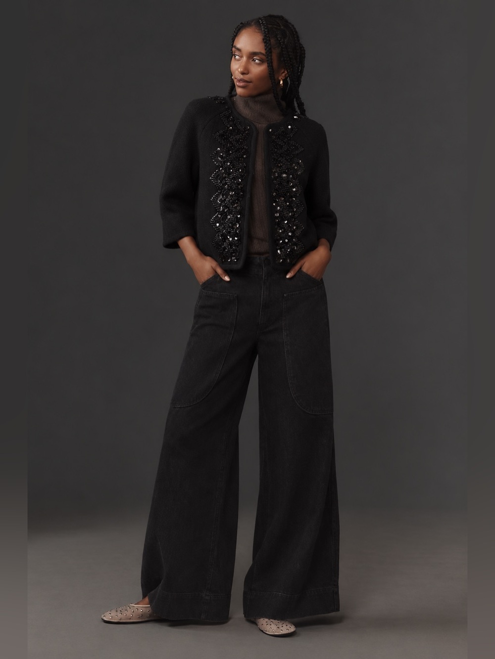 Anthropologie Elevenses Black Sequin Wool Jacket Coat Sparkle Embellished